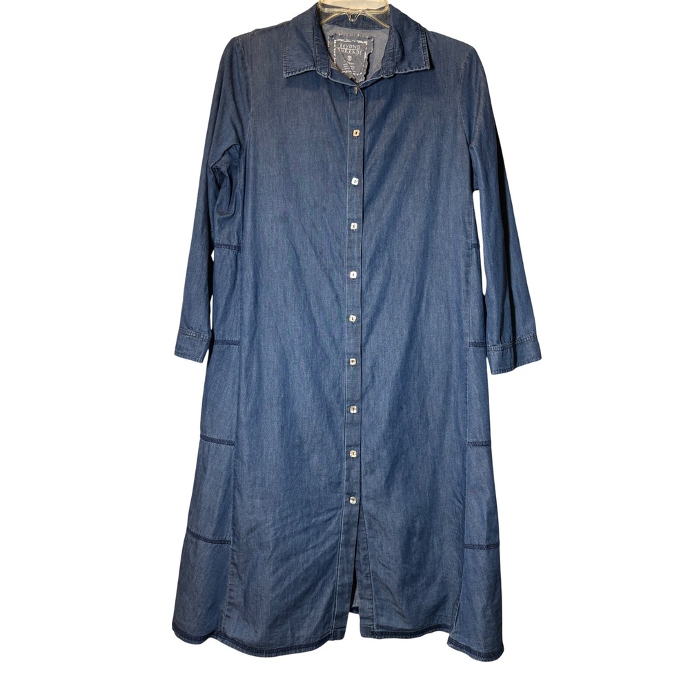 Beyond Threads Denim Maxi Shirt Dress Blue Long Sleeve Tiered Button Front M